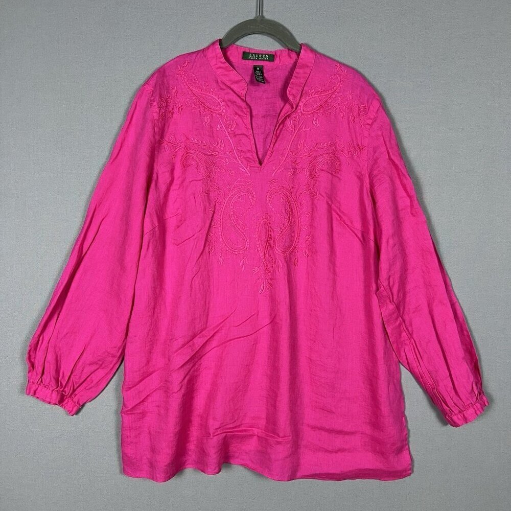Ralph Lauren LRL 100% LINEN Tunic EMBROIDERED Women's Size 1X Long Sleeve Shirt - Picture 2 of 12